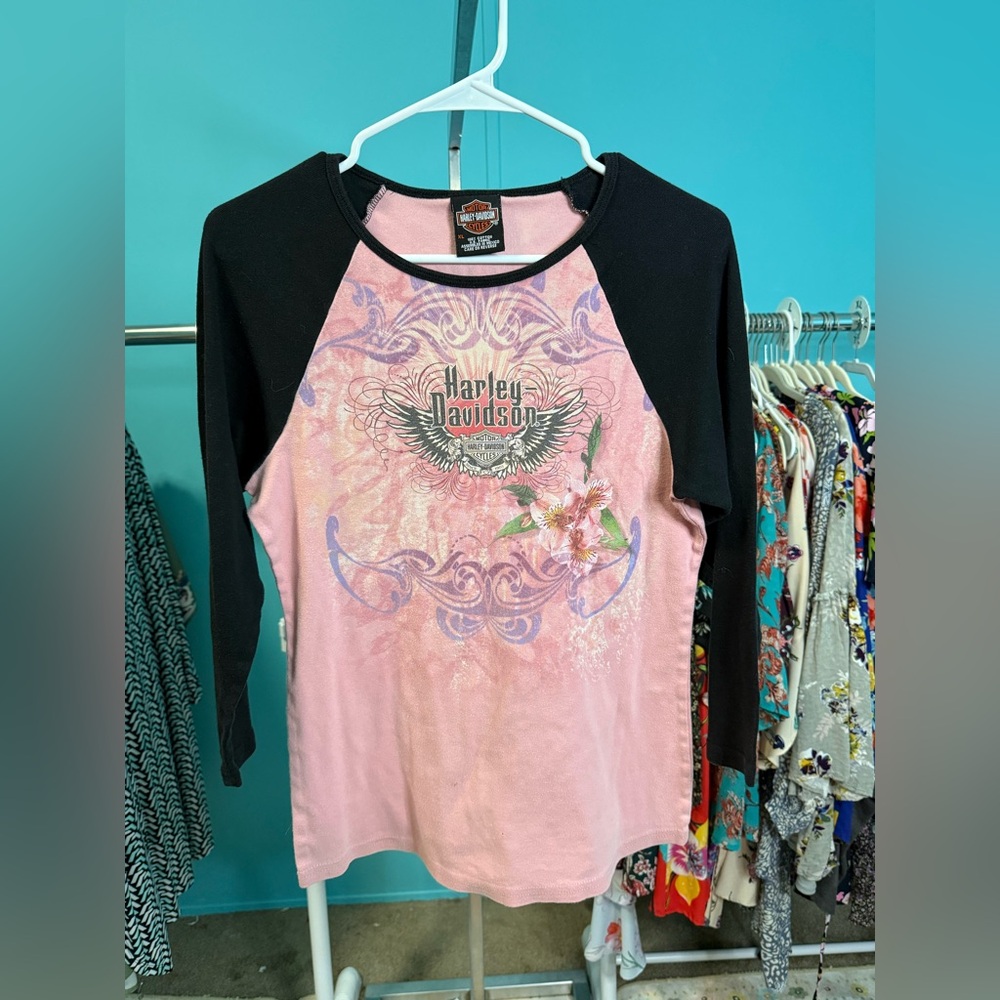 Harley-Davidson Women's Pink and Black Long Sleeve Tee